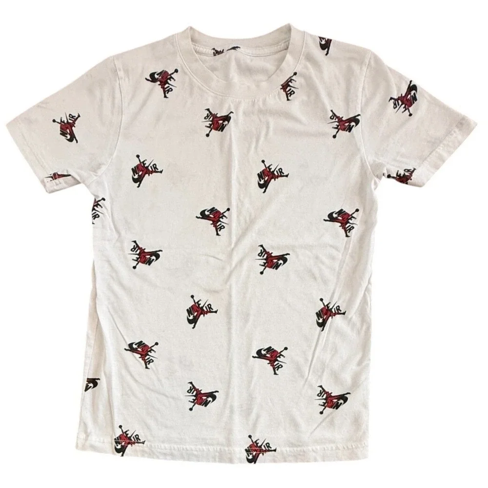 Nike Youth Medium T Shirt All Over Logo Air Graphic White Short Sleeve 10 12 yrs